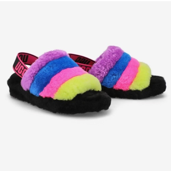 UGG® Logo Fluff Yeah Multicolor Fur Platform Slippers Size 7 - Picture 4 of 6